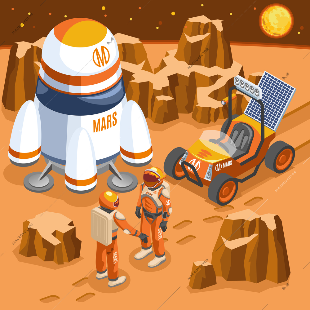 Mars exploration composition with astronauts, space ship, car with solar battery, nature of planet isometric vector illustration