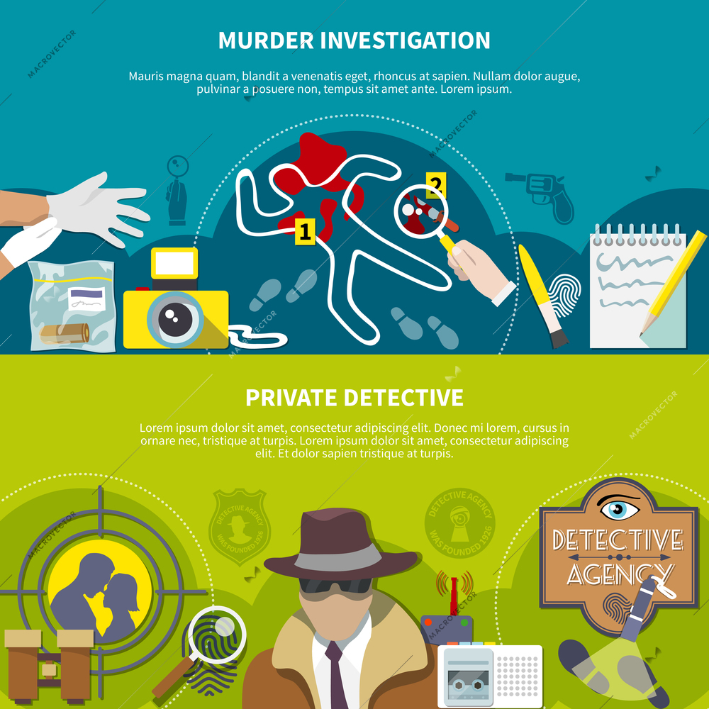 Detective horizontal colored banner set with murder investigation and private detective descriptions vector illustration