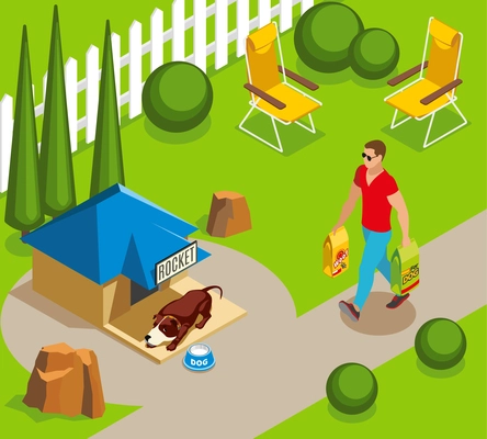 Ordinary life of dog and owner, canine sleep in garden, man with dry feed isometric vector illustration
