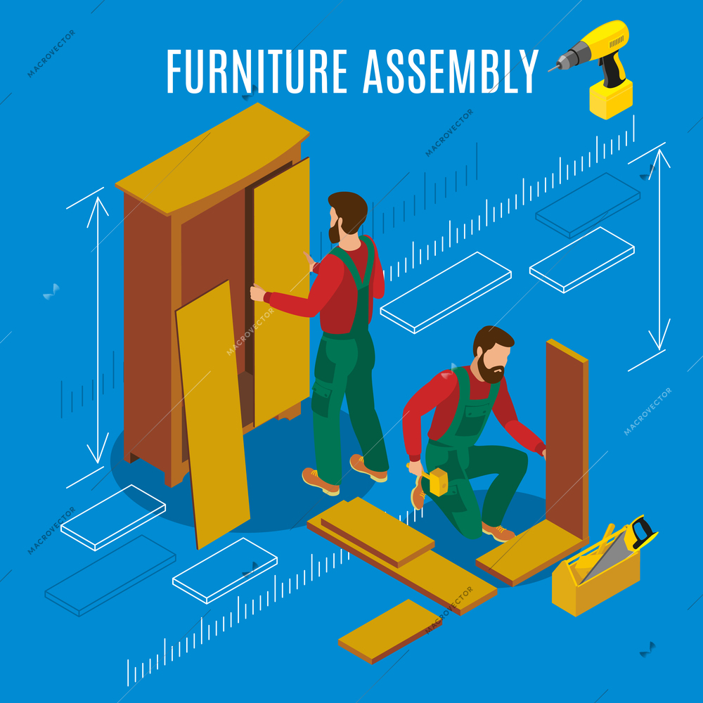 Workers of manufacture with professional tools during furniture assembly on blue background isometric vector illustration