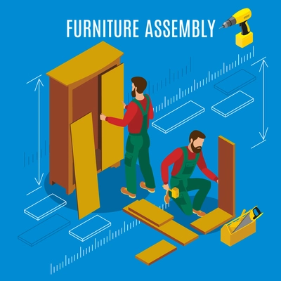 Workers of manufacture with professional tools during furniture assembly on blue background isometric vector illustration