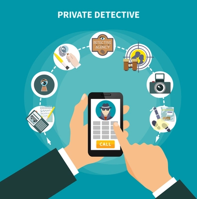 Private detective composition with colored icon set in rounds and tablet in hands vector illustration