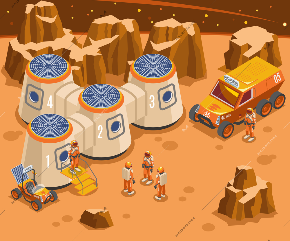 Base on mars with astronauts in environmental suits, transportation, nature of planet isometric vector illustration
