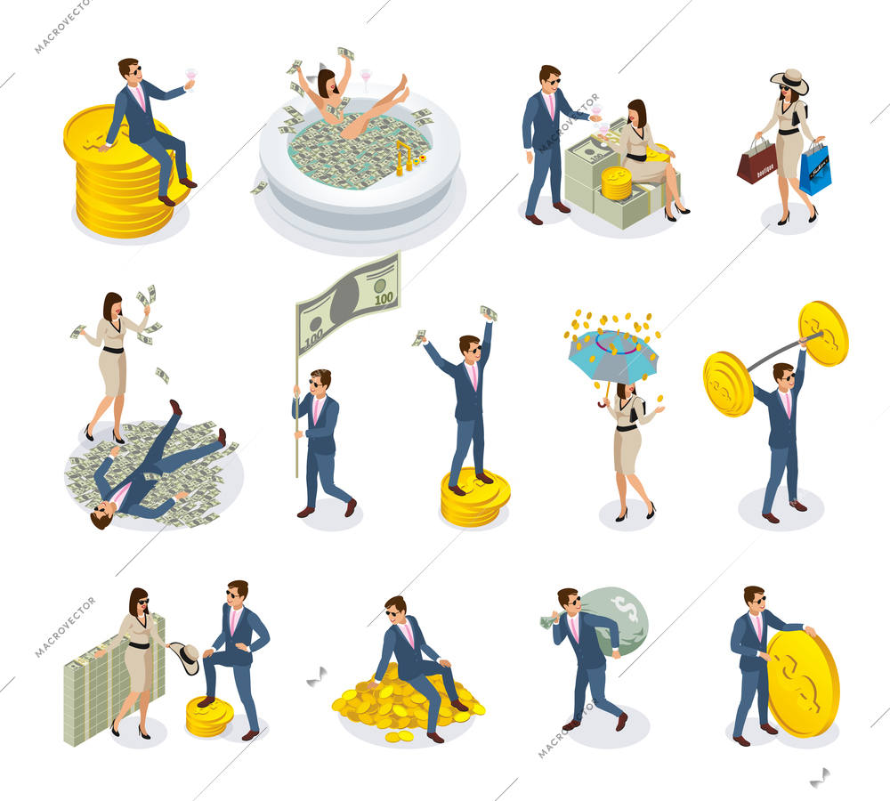 Set of isometric icons rich people with big money, during golden rain, expensive shopping isolated vector illustration