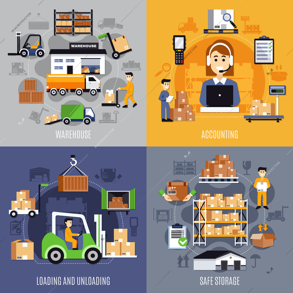 Four squares warehouse flat concept set with accounting loading and unloading and safe storage descriptions vector illustration