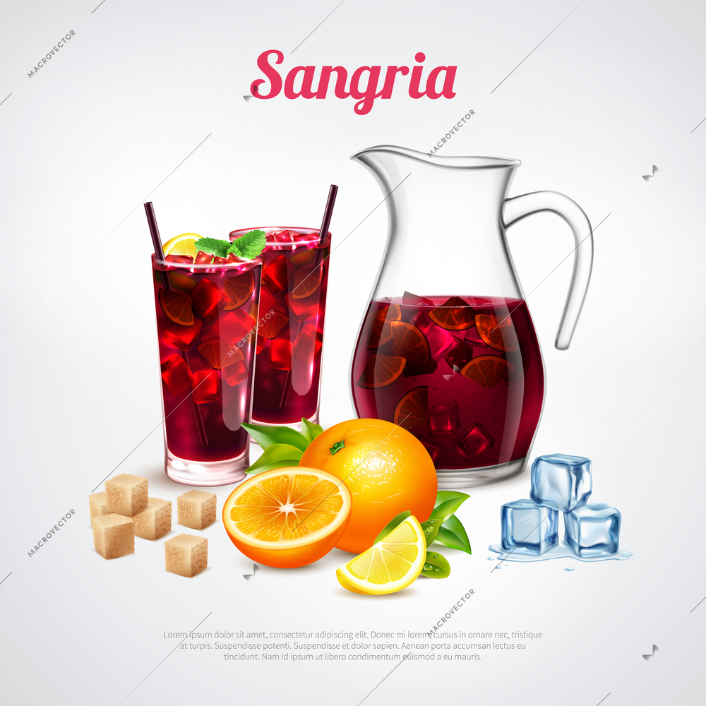 Cocktails realistic poster with sangria ingredients and jug of alcoholic beverage inside vector illustration