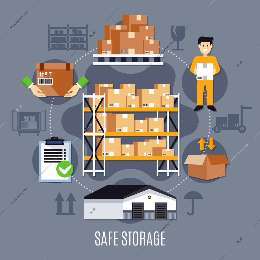 Colored and flat warehouse composition with safe storage and types of work there vector illustration