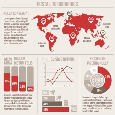 Postal service worldwide mail shipping infographic set with map and diagrams vector illustration