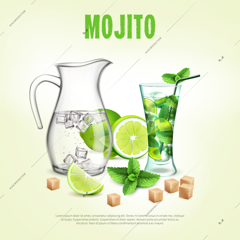 Green cocktails realistic composition with glass jar and some ingredients for a mojito vector illustration
