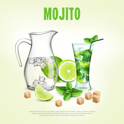 Green cocktails realistic composition with glass jar and some ingredients for a mojito vector illustration