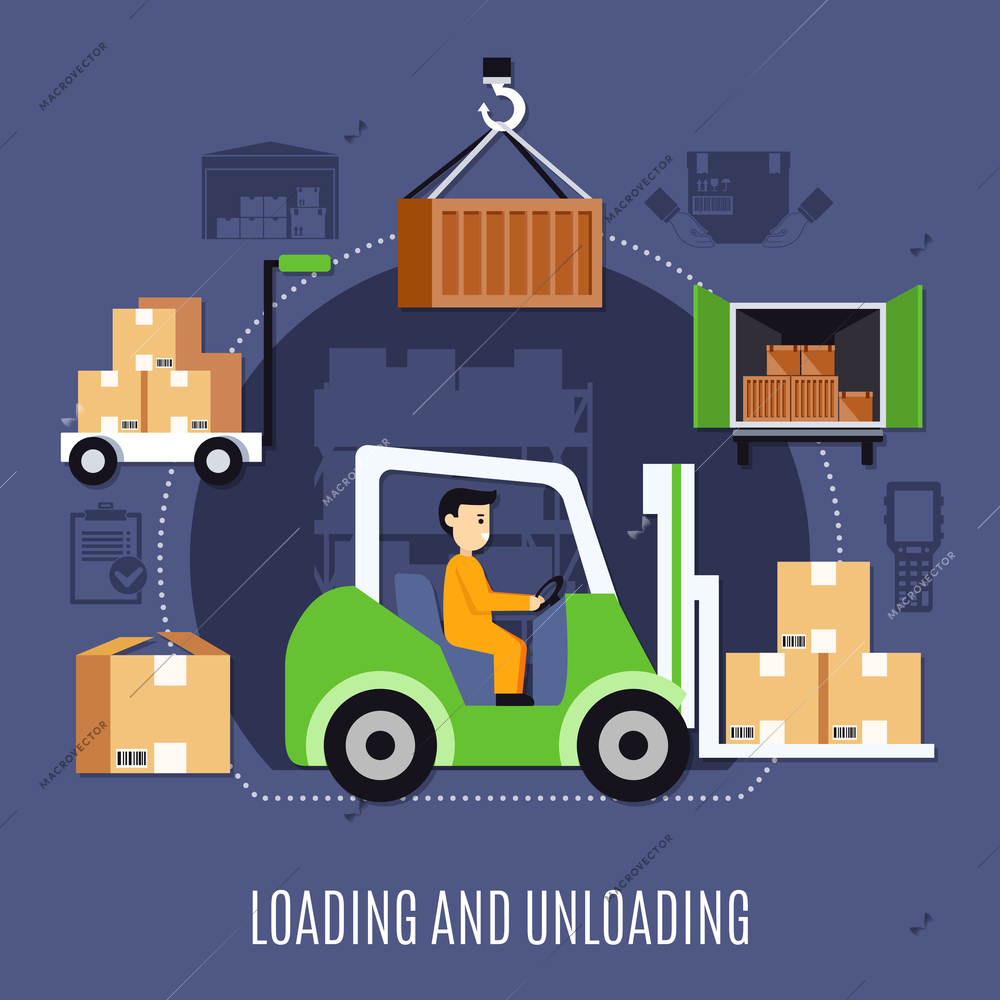 Warehouse flat composition with loading and unloading headline combined in round vector illustration