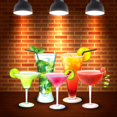 Cocktails realistic colored composition with five different cocktails alcoholic mixed multicolored cocktails vector illustration