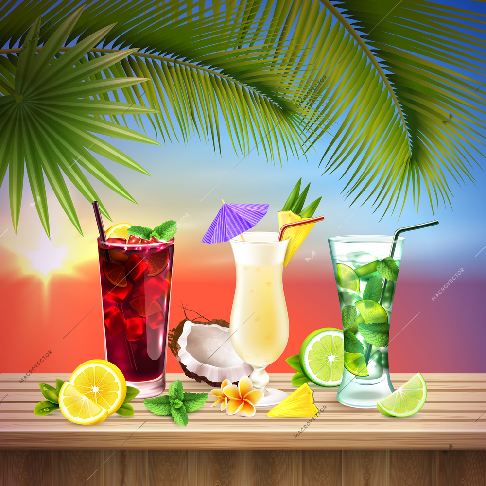 Cocktails set realistic composition with three different flavors of alcohol cocktail at the table vector illustration