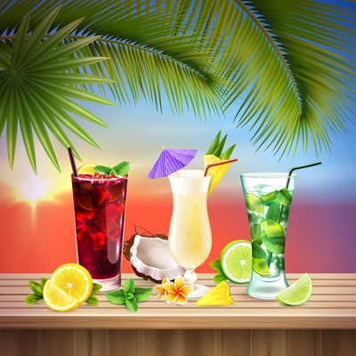 Cocktails set realistic composition with three different flavors of alcohol cocktail at the table vector illustration