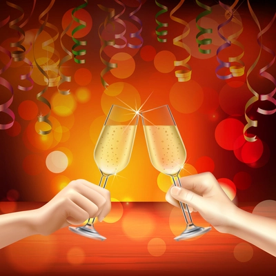 Colored cocktails realistic composition with two people celebrate something with two glasses of champagne vector illustration