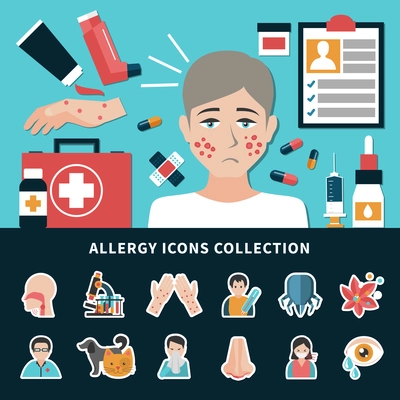 Allergens allergy symptoms and ways of treatment icons collection flat isolated vector illustration