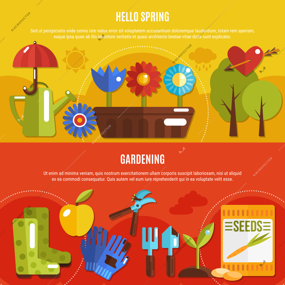 Colorful set of two horizontal spring banners with blooming flowers and gardening tools flat isolated vector illustration