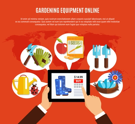 Online ordering equipment and seeds for gardening in spring flat background vector illustration