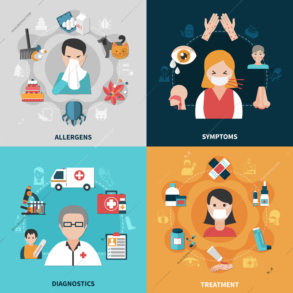 Allergy symptoms diagnostics and ways of treatment 2x2 icons set isolated on colorful backgrounds flat vector illustration