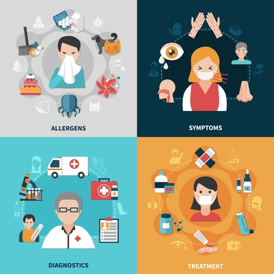 Allergy symptoms diagnostics and ways of treatment 2x2 icons set isolated on colorful backgrounds flat vector illustration