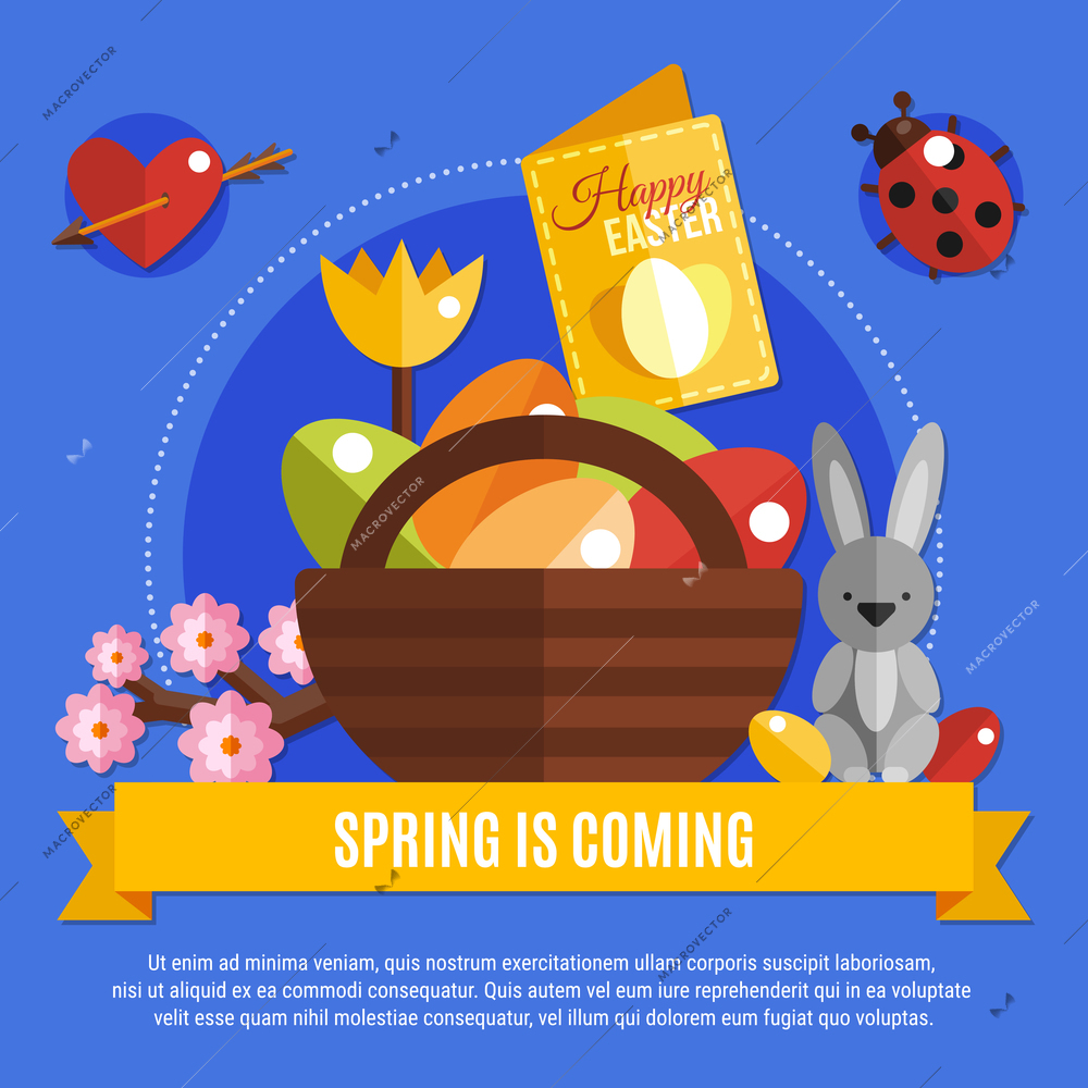 Spring is coming concept with rabbit ladybird flowers heart and basket full of easter eggs flat vector illustration