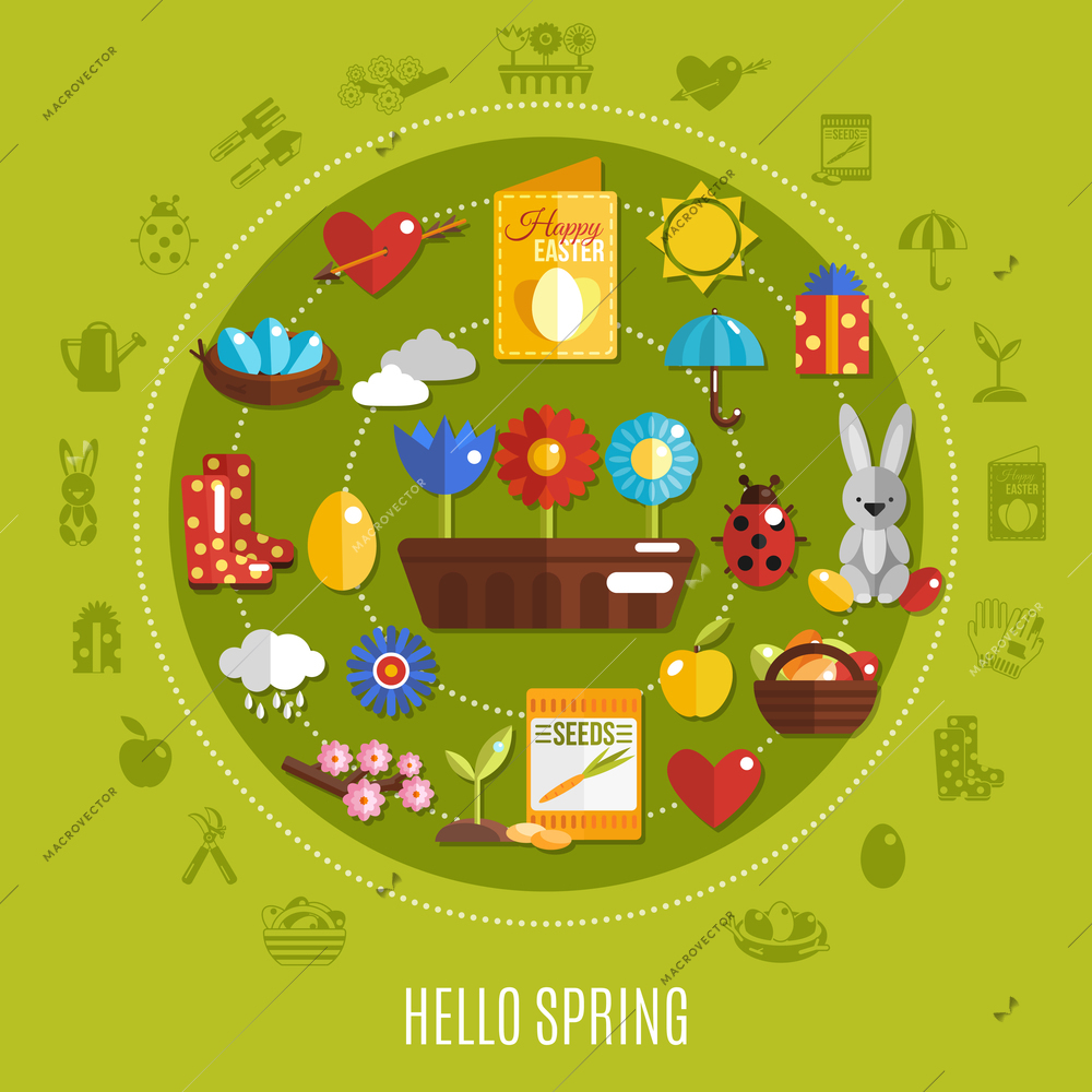 Bright colorful concept with various spring and easter holiday icons on green background flat vector illustration