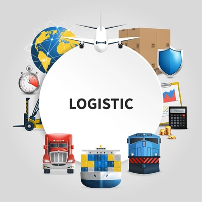 Logistic round composition with means of transport to deliver goods combined in round frame vector illustration