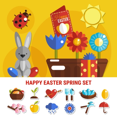 Happy easter and spring flat colorful icons set with eggs sprout umbrella flower apple cloud flat isolated vector illustration