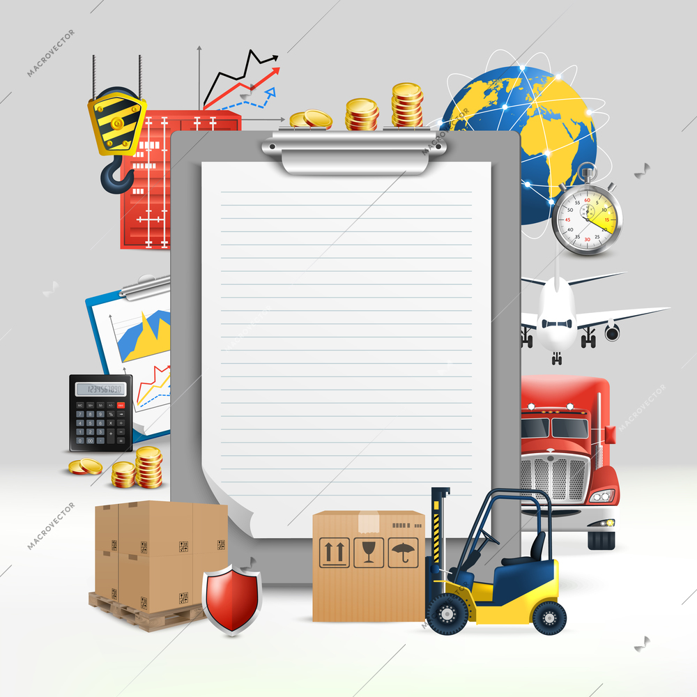 Logistic transportation composition with paper tablet for notes and means of transport vector illustration