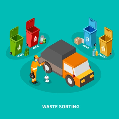 Garbge isometric composition with images of four colourful recycle bins cleaning worker in uniform with car vector illustration