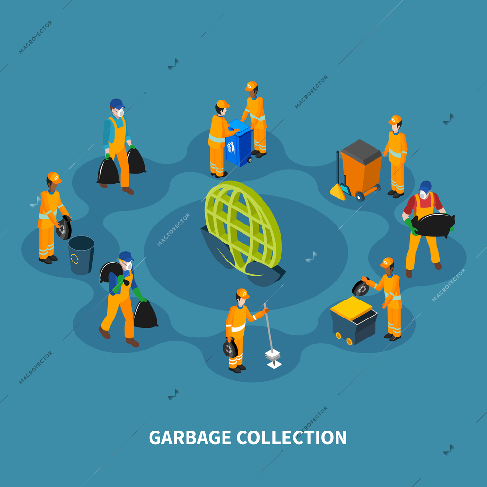 Garbage isometric composition with human characters of cleaning professionals collection workers with equipment and orange uniform vector illustration