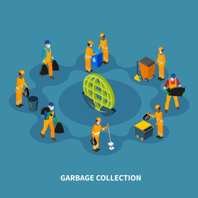 Garbage isometric composition with human characters of cleaning professionals collection workers with equipment and orange uniform vector illustration