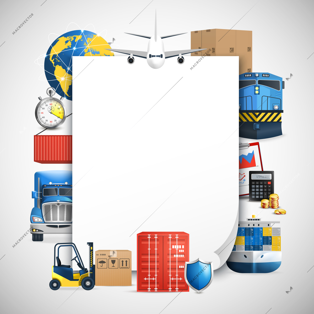 Logistic colored composition with frame consisting of a vehicle and means of delivery vector illustration