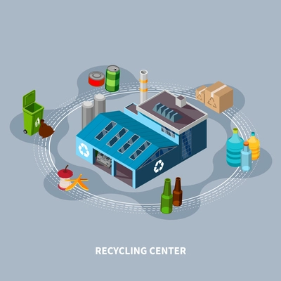 Garbage isometric composition with isolated images of various household waste trash bins and recycling centre building vector illustration