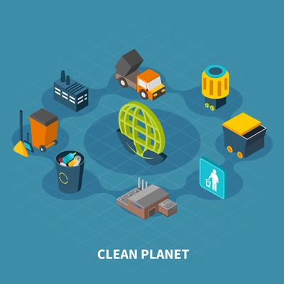 Garbage isometric composition of isolated pictograms and icons with trash cans waste bins and recycling plants vector illustration