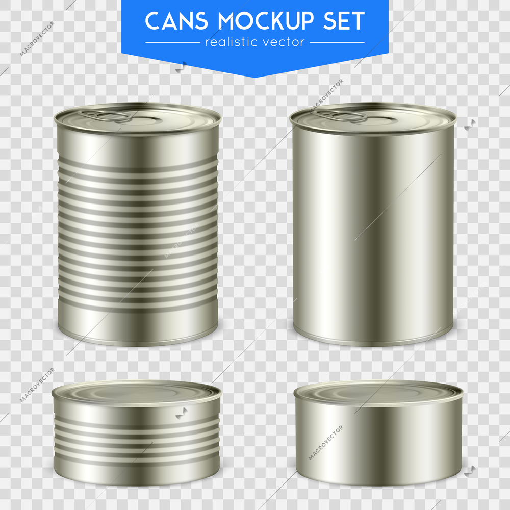 Four realistic cylindrical tin mockup cans various height with top and bottom set transparent background vector illustration