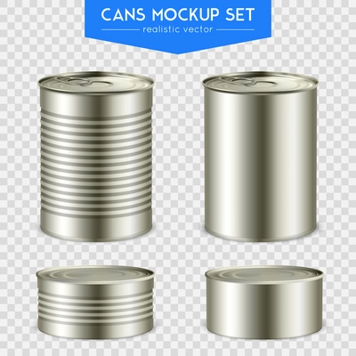 Four realistic cylindrical tin mockup cans various height with top and bottom set transparent background vector illustration