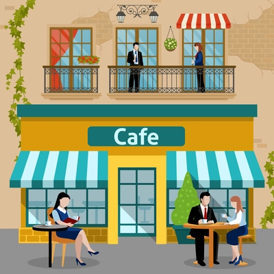 Colored business lunch people flat composition with at lunchtime people sit and eat vector illustration