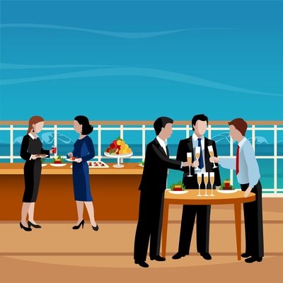 Flat colored business lunch people vector illustration with corporate or party for employees on a yacht vector illustration