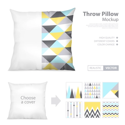 Realistic decorative white and printed covers throw pillows mockup creator webpage layout with 6 patterns choice vector illustration