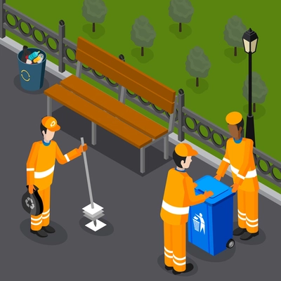 Garbage isometric composition with group of refuse collectors dressed in orange uniform with city park scenery vector illustration