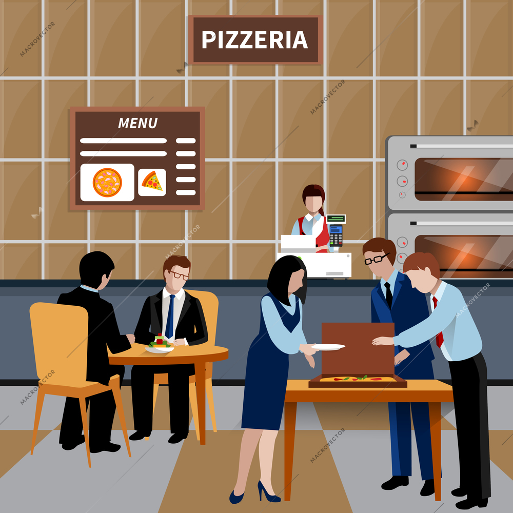 Flat business lunch people composition with workers and colleagues have lunch in a pizzeria vector illustration