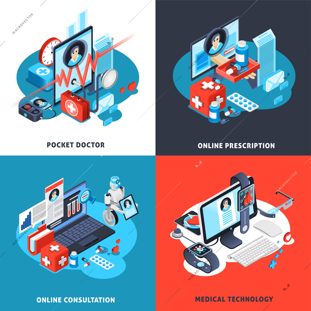 Digital health isometric concept with pocket doctor, online consultation and prescription, medical technologies isolated vector illustration