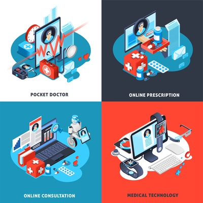 Digital health isometric concept with pocket doctor, online consultation and prescription, medical technologies isolated vector illustration