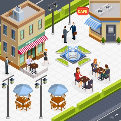 Isometric business lunch people composition with a few tables in the outdoor caf vector illustration