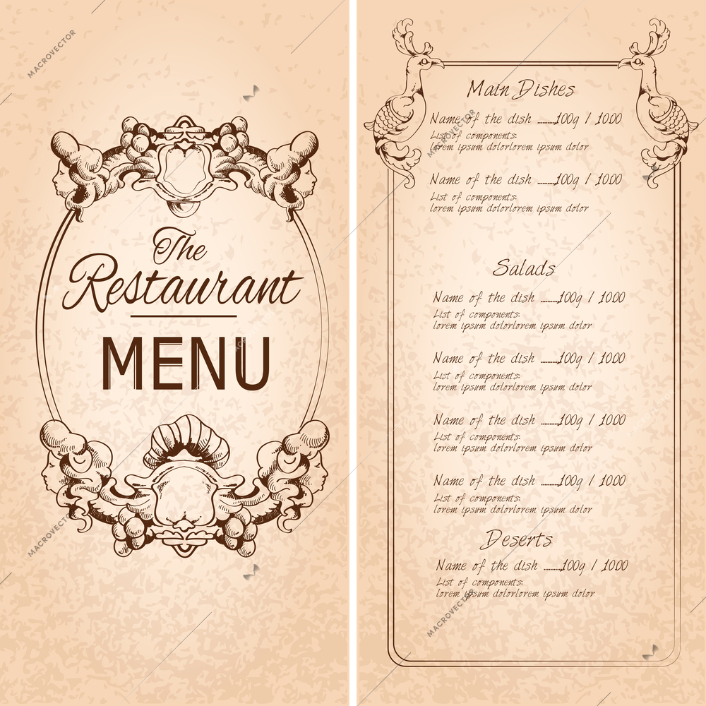 Retro vintage restaurant menu template with frame and decoration vector illustration