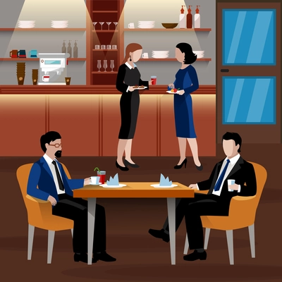 Colored business lunch people composition with flat people in suits and an office room drink coffee and have a lunch vector illustration