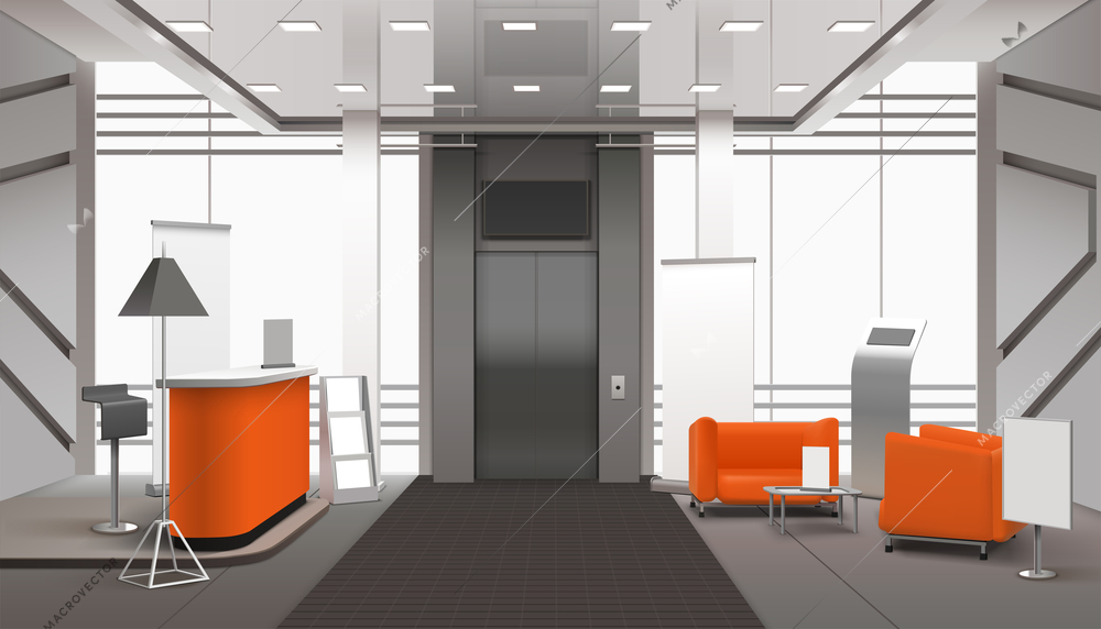 Realistic lobby interior in orange grey color with reception desk, waiting area near lift, banners vector illustration