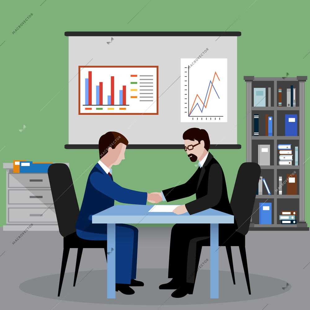 Two businessmen in office shaking hands human resources flat background vector illustration