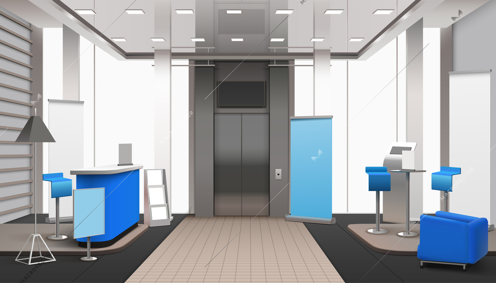 Realistic lobby interior, lift zone, in grey color with blue elements including reception desk, armchair vector illustration